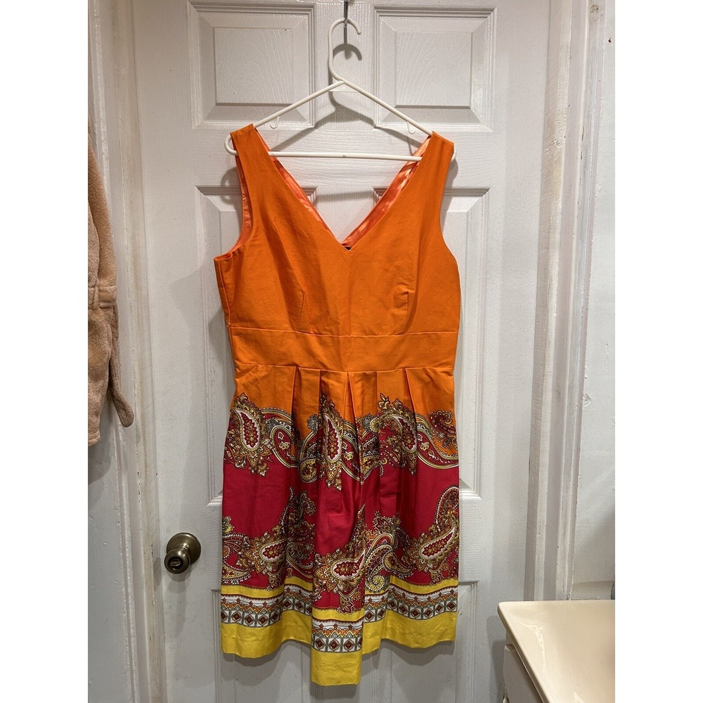 Y2K Paisley Colorblock Sleeveless Dress Spends Orange Boho Retro Summer Sz 12‎
